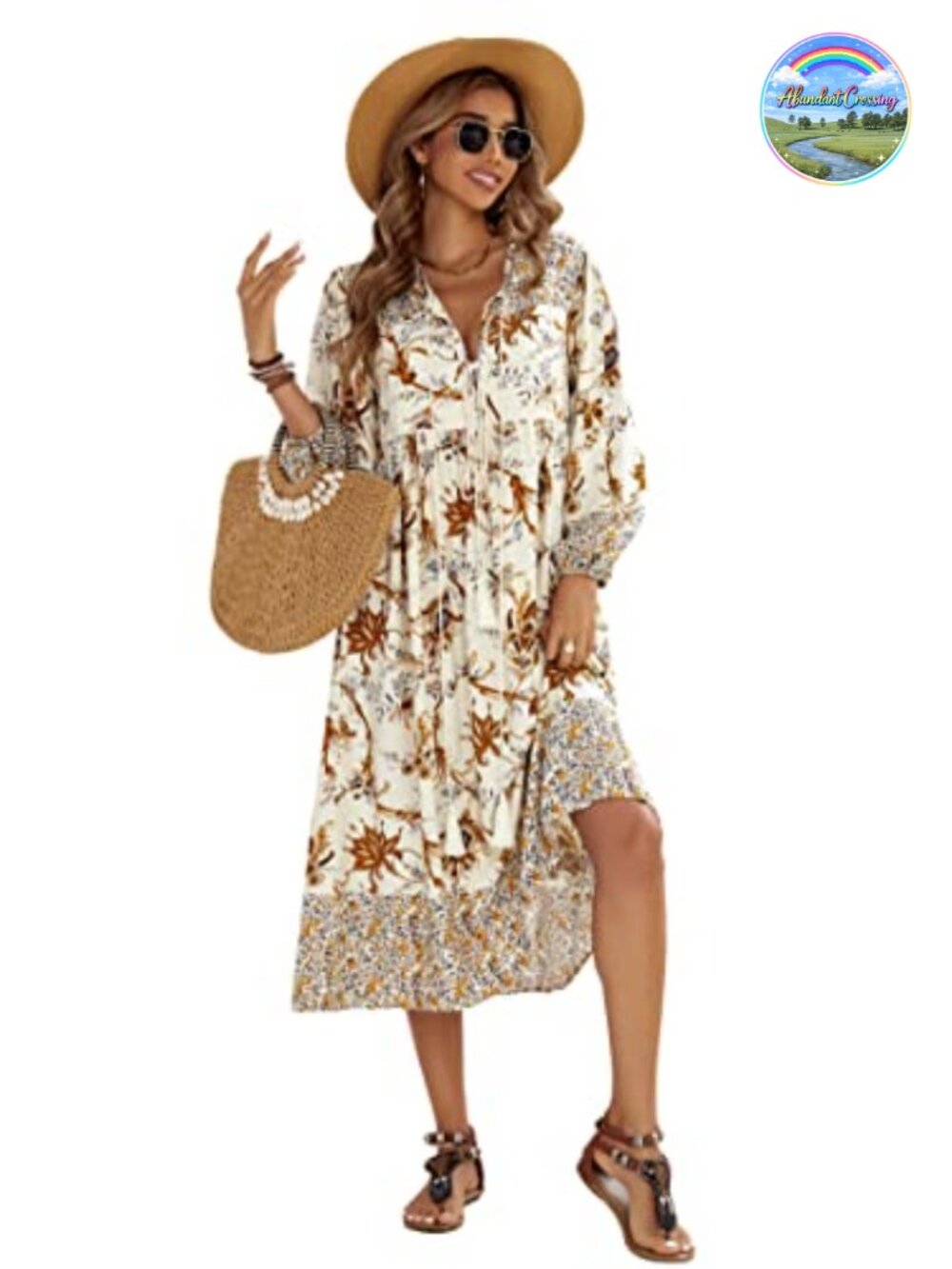 R.Vivimos Boho Floral Midi Dress Long Sleeve V-Neck Tie Front